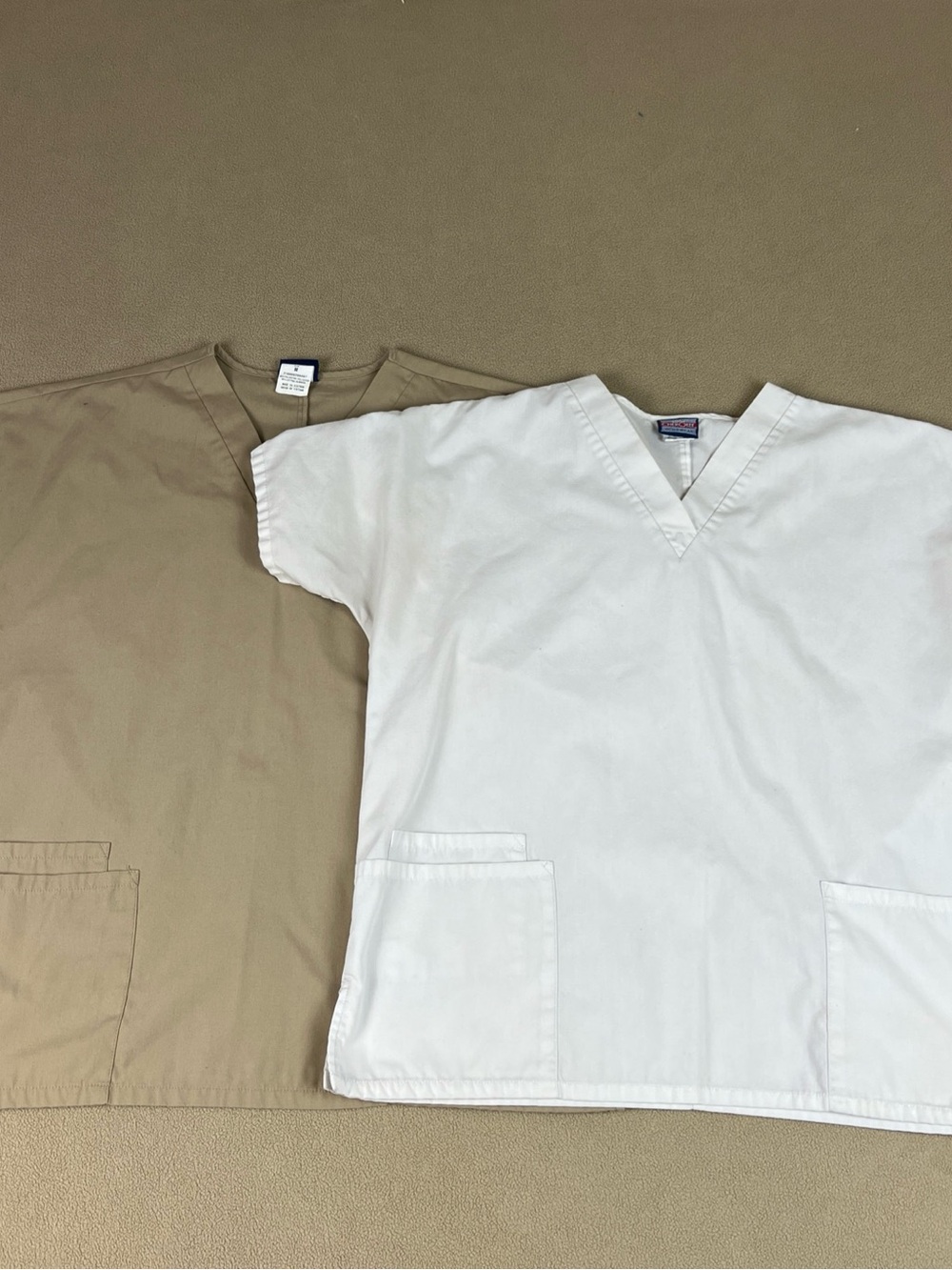 Lot Of 2! Cherokee Workwear Scrub Tops, Khaki & White. Women's Sz Medium